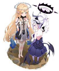  2girls absurdres bare_back bare_legs barefoot black_halo blonde_hair blue_archive braid breasts cartethyia_(wuthering_waves) commentary demon_girl demon_horns demon_wings dress earrings elbow_gloves evening_gown forehead_tattoo from_behind from_side full_body gloves green_eyes halo height_difference high_heels highres hina_(blue_archive) hina_(dress)_(blue_archive) horns jewelry lone_nape_hair long_hair looking_at_viewer looking_up midriff multiple_girls nape nauvvii necklace official_alternate_costume official_alternate_hairstyle pantyhose parted_bangs pointy_ears ponytail purple_dress purple_gloves purple_shoes shoes sidelocks simple_background single_braid small_breasts standing starry_sky_print strapless strapless_dress striped_clothes striped_pantyhose wavy_hair white_background wings wuthering_waves 