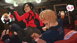  ada_wong albert_wesker ashley_graham black_hair blonde_hair clothed_sex clothing_aside drooling girl_on_top highres legendsnjk leon_s._kennedy mouth_drool panties panties_aside pinned resident_evil resident_evil_4 resident_evil_4_(remake) sitting sitting_on_person smug underwear 