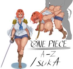 1boy 1girl absurdres arm_grab arms_behind_back ass breasts breasts_out brown_gloves clothed_sex clothes colored_skin gloves grey_skin hetero highres holding holding_weapon huge_ass isuka_(one_piece) large_breasts medium_hair muscular muscular_male one_piece orange_hair sex shorts simple_background sunglasses sunglasses_on_head sunnysundown sword weapon white_background rating:Explicit score:124 user:xAkira