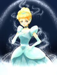  1girl ball_gown blonde_hair blue_dress blue_eyes choker cinderella_(disney_character) cinderella_(disney_movie) dress earrings elbow_gloves gloves gown hair_bun hairband jewelry looking_at_viewer luv2239 princess princess_dress short_hair smile solo 