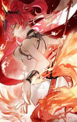 1girl absurdres ass back bare_shoulders black_bow bow breasts butt_crack collar cowboy_shot earrings from_behind hair_bow hair_ornament hairband headgear highres holding holding_polearm holding_weapon jewelry long_hair looking_at_viewer lupa_(wuthering_waves) median_furrow medium_breasts metal_collar metal_hairband missing_commentary parted_lips polearm red_hair red_pupils shoulder_blades signature smile solo tail weapon wolf_tail wuthering_waves yellow_eyes yisjhui