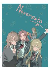  4girls :d absurdres aqua_background arm_up blazer blonde_hair border brown_hair closed_eyes closed_mouth collared_shirt english_text hair_between_eyes hair_ornament hair_scrunchie highres index_finger_raised jacket long_hair long_sleeves looking_at_viewer medium_hair multiple_girls neck_ribbon open_clothes open_jacket open_mouth original pink_hair ponytail qyzhiaiyisheng ribbon school_uniform scrunchie shirt side_ponytail smile white_border white_shirt yellow_eyes 