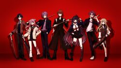 3boys 4girls absurdres asymmetrical_legwear baseball_bat baton_(weapon) belt blonde_hair bokken braid brown_eyes brown_hair delinquent everyone gatling_gun gun highres himehina_channel hiodoshi_ao holding holding_gun holding_nunchaku holding_weapon hololive jacket kagami_hayato leg_warmers meloco_kyoran minigun multicolored_hair multiple_boys multiple_girls necktie nijisanji nijisanji_en nunchaku pink_hair pleated_skirt purple_eyes purple_hair red_background sakaki_ness school_uniform serafuku side_braids skirt streaked_hair striped_clothes striped_jacket suit_jacket suzuki_hina sword tanaka_hime virtual_youtuber watarai_hibari weapon wolf_cut wooden_sword yanagida_shiina yankee_boy.yankee_girl_(vocaloid) yellow_eyes 