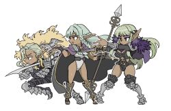  1boy 2girls aqua_hair armor belt black_belt black_cape black_eyes braid cape capelet chibi closed_mouth commentary_request dark-skinned_female dark_elf dark_skin elf eyeshadow feather_boa floating_hair gauntlets green_hair highres holding holding_sword holding_weapon ithilion_(unicorn_overlord) kumakoro_(tetsupag) leotard long_hair makeup multiple_girls open_mouth pointy_ears polearm profile purple_capelet purple_eyeshadow railanor_(unicorn_overlord) red_eyes rosalinde_(unicorn_overlord) simple_background smile spear sword thighs twin_braids unicorn_overlord weapon white_background white_leotard 