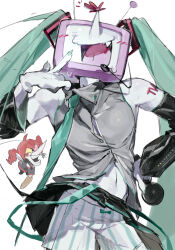  2boys absurdres alternate_costume ant_tenna aqua_hair aqua_necktie arm_tattoo cosplay cowboy_shot crossdressing deltarune detached_sleeves facing_viewer fang grey_shirt guzhishusong343 hand_on_own_hip hatsune_miku hatsune_miku_(cosplay) highres holding holding_microphone kasane_teto kasane_teto_(cosplay) long_hair long_nose male_focus microphone mini_person miniboy multiple_boys navel necktie no_eyes object_head open_mouth pointy_nose shirt shorts simple_background spamton_g._spamton standing striped_clothes striped_shorts sweat tattoo television twintails utdr_(toby_fox) white_background white_shorts 