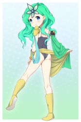  1girl armor ass blue_eyes blue_leotard boots cape clothes_lift commission commissioner_upload derivative_work final_fantasy final_fantasy_iv from_behind fugetsu_taku full_body green_cape green_hair hair_ornament highres kneepits leg_up legs leotard lifting_own_clothes long_hair looking_at_viewer looking_back rydia_(ff4) rydia_(young)_(ff4) sarong sarong_lift shoulder_armor skeb_commission smile solo standing standing_on_one_leg thighs yellow_boots yellow_sarong 