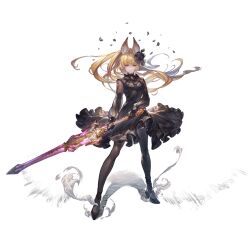  1girl animal_ears black_dress blonde_hair breasts brooch brown_eyes dress dress_flip erune flower flower_brooch full_body funeral_dress granblue_fantasy hair_flower hair_ornament high_heels jewelry medium_breasts official_art pantyhose puffy_sleeves solo sword transparent_background weapon yuisis_(fire)_(granblue_fantasy) yuisis_(granblue_fantasy) 