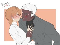 1boy 1girl blush buzz_cut chocolate crew_cut dark-skinned_male dark_skin emiya_alter fate/grand_order fate/stay_night fate_(series) food food_in_mouth fujimura_taiga hetero highres looking_at_another pocky pocky_kiss shared_food short_hair suhyeon very_dark_skin very_short_hair white_hair 