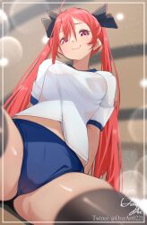 1girl black_thighhighs blue_buruma border buruma cameltoe commentary date_a_live english_commentary gym_uniform highres itsuka_kotori long_hair looking_at_viewer looking_down ozzyart_0221 pink_eyes red_hair shirt short_sleeves signature smile solo t-shirt thighhighs thighs twintails twitter_username white_border white_shirt rating:Sensitive score:29 user:danbooru