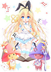  1girl absurdres alice_(alice_in_wonderland) alice_(alice_in_wonderland)_(cosplay) angel animal_ear_hairband animal_ears apron blonde_hair blue_dress blue_eyes blue_thighhighs card cosplay dress emil_chronicle_online fake_animal_ears frilled_dress frills hairband halo haneno_hitsuji highres holding holding_staff long_hair open_mouth playing_card rabbit_ear_hairband rabbit_ears staff striped_clothes striped_thighhighs stuffed_animal stuffed_toy teddy_bear thighhighs tita_(eco) white_wings wings 