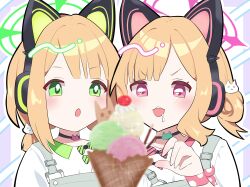 2girls :d absurdres alternate_costume alternate_hairstyle animal_ear_headphones animal_ears black_choker blonde_hair blue_archive blunt_bangs blurry blurry_foreground blush border bow cat_choker cat_ear_headphones cat_ears cat_hair_ornament choker collared_shirt commentary_request contrast_collar diagonal-striped_background drooling fake_animal_ears food green_bow green_eyes green_halo hair_bun hair_ornament halo hand_up headphones highres ice_cream looking_at_food low_ponytail midori_(blue_archive) momoi_(blue_archive) multiple_girls open_mouth outline outside_border overalls parted_bangs pink_bow pink_eyes pink_halo polka_dot ponytail purple_border shirt short_hair short_ponytail siblings sidelocks sisters smile sparkle sparkling_aura strap_slip striped_background striped_bow takakuma_koiru teeth twins upper_body upper_teeth_only v-shaped_eyebrows white_background white_outline white_shirt 