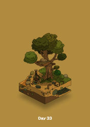 absurdres campfire commentary_request diorama gozz highres isometric log lying on_side orange_background original sleeping stairs stick tree treehouse rating:General score:0 user:danbooru