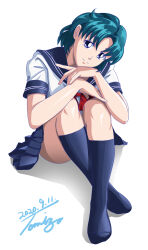  bishoujo_senshi_sailor_moon blue_eyes blue_hair blue_sailor_collar blue_skirt blue_socks convenient_leg crossed_legs dated full_body hands_on_own_knees highres juuban_middle_school_uniform kneehighs knees_up mizuno_ami neckerchief pleated_skirt red_neckerchief sailor_collar school_uniform serafuku shirt short_hair signature simple_background sitting skirt socks tomizofu white_background white_shirt 