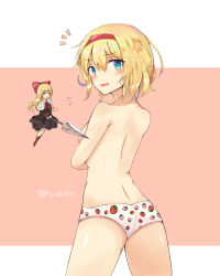  1girl alice_margatroid ass bad_id bad_nicoseiga_id blonde_hair blue_eyes capelet covering_breasts covering_privates date_pun doll female_focus food_print from_behind fruit_print hair_between_eyes hair_ribbon highres hourai_doll hyakunin_momoko long_hair looking_at_viewer number_pun open_mouth panties panties_day polearm print_panties ribbon short_hair simple_background solo spear strawberry_panties strawberry_panties_day strawberry_print topless_female touhou underwear underwear_only wavy_mouth weapon 