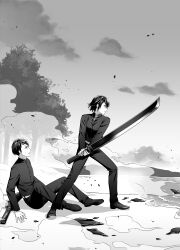  1boy 1girl absurdres abyssal_admiral_(kancolle) admiral_(kancolle) breasts collared_shirt commentary_request fighting_stance greyscale highres holding holding_sword holding_weapon huge_weapon kana_haruki kantai_collection medium_breasts monochrome nakama_saori ocean original pants protecting shirt short_hair sitting sword tree weapon 