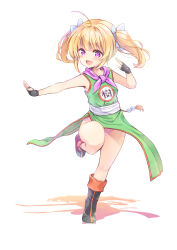  1girl ahoge alternate_costume blonde_hair cosplay dragon_quest dragon_quest_iii fighting_stance flat_chest highres iris_mysteria! lily_(iris_mysteria!) loli looking_at_another martial_artist_(dq3) martial_artist_(dq3)_(cosplay) martial_arts no_socks open_mouth panties pink_panties purple_eyes standing standing_on_one_leg tenjou_ryuka twintails underwear 