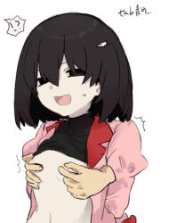  1girl black_eyes black_hair black_undershirt bob_cut breasts clothes_lift covered_erect_nipples empty_eyes grabbing_from_behind hair_between_eyes jacket lapels long_sleeves looking_at_viewer molestation monogatari_(series) naoetsu_high_school_uniform narrowed_eyes nervous_sweating nipple_stimulation notched_lapels open_mouth oshino_ougi pale_skin pink_jacket red_trim school_uniform shirt shirt_lift short_hair simple_background small_breasts smile sweat sweatdrop tongue tsugumi_(tgm_615486) upper_body very_long_sleeves white_background 