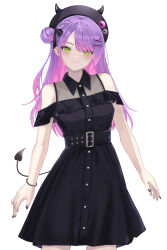  1girl absurdres alternate_costume bare_shoulders bead_bracelet beads belt black_belt black_dress black_hat black_nails bracelet braid colored_inner_hair cowboy_shot demon_tail dimazu dress ear_piercing earrings green_eyes hair_bun hair_ornament hairclip hat highres hololive horned_hat jewelry light_blush long_hair multicolored_hair parallel_hairclips parted_bangs piercing pink_hair purple_hair side_braid simple_background single_hair_bun smile solo standing straight-on tail tokoyami_towa virtual_youtuber white_background wing_collar x_hair_ornament 