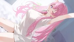  1girl arm_up blue_eyes blush breasts collarbone commission highres kkix25 kneeling long_hair melonyx naked_shirt one_eye_closed open_mouth pink_hair second-party_source see-through_silhouette shirt skeb_commission solo stretching virtual_youtuber white_shirt yuzuki_ririna 