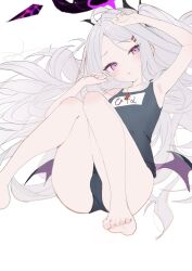  absurdres ahoge barefoot black_halo blue_archive breasts demon_girl demon_horns demon_wings halo highres hina_(blue_archive) hina_(swimsuit)_(blue_archive) horns ksi_47 long_hair lying old_school_swimsuit purple_eyes school_swimsuit simple_background small_breasts swimsuit whistle whistle_around_neck white_background white_hair wings 