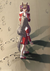  2girls animal_ears bow brown_hair buruma clothing_cutout commentary_request dated ear_covers footprints from_side grey_hair gym_uniform hair_bow hair_ribbon highres horse_ears horse_girl horse_tail jacket long_hair looking_at_another looking_to_the_side multicolored_shoes multiple_girls pink_bow pink_ribbon purple_bow red_buruma red_jacket red_shoes red_track_suit ribbon sandals shoes single_ear_cover smart_falcon_(umamusume) tail tail_through_clothes takuzui tracen_training_uniform track_jacket track_suit twintails twitter_username two-tone_shoes umamusume white_shoes wonder_acute_(umamusume) 