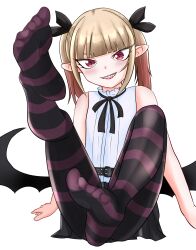  1girl arms_at_sides bat_wings black_pantyhose black_ribbon black_skirt blonde_hair blush dot_nose eyelashes female_focus flat_chest foot_focus full_body gradient_hair grin hair_ribbon hime-sama_&quot;goumon&quot;_no_jikan_desu knee_up leg_up lips lipstick loli long_hair long_pointy_ears looking_at_viewer low_wings makeup mesugaki multicolored_hair naughty_face neck_ribbon orange_hair pantyhose pointy_ears purple_pantyhose red_eyes red_lips ribbon saratto_2zyo sharp_teeth shirt simple_background sitting skirt sleeveless sleeveless_shirt smile smug solo striped_clothes striped_pantyhose teeth twintails two-tone_hair two-tone_pantyhose vampire vanilla_peschutz white_background white_shirt wings 