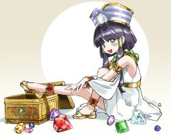  1girl ancient_egyptian_clothes armlet artist_name bare_shoulders bead_necklace beads belt black_hair blue_gemstone blush_stickers box bracelet cleopatra_fortune dress from_side gem gold_armlet gold_belt gold_shoes gold_trim green_eyes green_gemstone grey_background hair_ornament hair_tubes hat jewelry kaigen_1025 looking_at_viewer necklace open_mouth parted_bangs patrako_(cleopatra_fortune) pink_gemstone purple_gemstone red_gemstone shoes short_hair_with_long_locks sidelocks simple_background sitting sleeveless sleeveless_dress smile solo striped_hat white_dress white_hat yellow_gemstone 