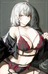  1girl absurdres ahoge black_bra black_choker black_garter_belt black_jacket black_panties blue_eyes blush bra breasts choker closed_mouth collarbone commentary ember_amane english_commentary garter_belt grey_hair highres jacket large_breasts lingerie long_hair looking_at_viewer mole mole_on_breast mole_on_thigh multicolored_hair naokomama navel open_clothes open_jacket panties phase_connect pink_hair single_off_shoulder solo stomach streaked_hair underwear virtual_youtuber 