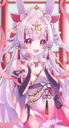  1girl :d absurdres alternate_costume alternate_hairstyle animal_ears bare_shoulders blurry blurry_background breasts chinese_knot cleavage coin colored_bangs depth_of_field detached_sleeves dress earrings gradient_hair hair_ornament highres holed_coin jewelry jinse_fu_yaojing lanyin long_hair looking_at_viewer multicolored_hair open_mouth rabbit_ears red_eyes red_ribbon ribbon small_breasts smile solo tassel tassel_earrings tassel_hair_ornament teeth two_side_up upper_teeth_only very_long_hair virtual_dimension_project virtual_youtuber white_ribbon wide_sleeves xy_production 