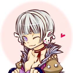  1girl blue_gloves blunt_bangs breasts brown_coat cleavage closed_mouth coat commentary_request dutch_angle fingerless_gloves fur-trimmed_coat fur_trim gloves grey_hair heart looking_at_viewer lowres medium_breasts one_eye_closed purple_eyes rabbit_earmuffs ragnarok_online shadow_chaser_(ragnarok_online) shirohige short_hair smile solo 
