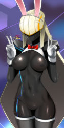  1girl aeda_type-g artist_name auto_guard_system bad_id bad_pixiv_id black_skin bow bowtie breasts colored_skin double_v faceless fishnets gloves highres jazz_jack last_origin navel nipples rabbit_ears robot shiny_skin signature solo thighhighs v  rating:Questionable score:42 user:Rikko-43
