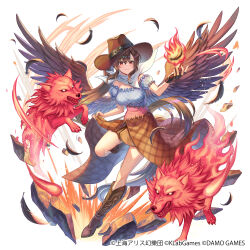  1girl bandana bandana_around_neck bare_shoulders black_gloves boots brown_boots brown_hair brown_wings closed_mouth content_rating copyright_notice cowboy_hat dress feathered_wings feathers fingerless_gloves fire full_body gloves hair_between_eyes hat highres horse_tail kurokoma_saki long_hair looking_at_viewer madopen off-shoulder_dress off_shoulder official_art ponytail puffy_short_sleeves puffy_sleeves pyrokinesis red_eyes short_sleeves single_glove solo standing standing_on_one_leg tail touhou touhou_arcadia_record very_long_hair wings wolf wolf_spirit_(touhou) 