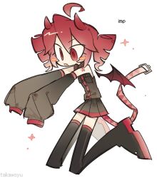 1girl artist_name bare_shoulders bat_wings black_boots black_shirt black_skirt black_sleeves blush_stickers boots chimera collared_shirt colored_shoe_soles demon_horns detached_sleeves detached_wings dot_nose double-parted_bangs drill_hair fang full_body hair_between_eyes hashtag-only_commentary highres horns kasane_teto kasane_teto_(utau) kneeling long_legs long_sleeves looking_down medium_hair miniskirt number_tattoo open_mouth pale_skin pleated_skirt pocket puffy_long_sleeves puffy_sleeves red_eyes red_hair red_trim red_wings shirt shoulder_tattoo simple_background skirt sleeveless sleeveless_shirt sleeves_past_fingers sleeves_past_wrists solo sparkle takawoyu tattoo thigh_boots thighhighs twin_drills utau white_background wings zettai_ryouiki 