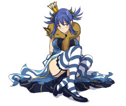  1girl alternate_color animal animal_around_neck black_shoes blue_hair blue_sleeves blue_thighhighs breasts commentary_request crown detached_sleeves dress flipped_hair fox full_body garter_straps large_breasts looking_afar looking_to_the_side meranie mini_crown open_mouth professor_(ragnarok_online) purple_eyes ragnarok_online shoes short_hair simple_background sitting sleeveless sleeveless_dress solo striped_clothes striped_sleeves striped_thighhighs thighhighs two_side_up white_background white_sleeves white_thighhighs 