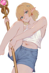  1girl bare_arms bare_shoulders blonde_hair blue_shorts blush breasts commentary denim denim_shorts double-parted_bangs earrings elf foot_out_of_frame glint green_eyes hair_between_eyes hair_ornament hairclip highres holding holding_staff jewelry knee_up long_pointy_ears looking_at_viewer mage_staff medium_breasts midriff navel original parted_lips pointy_ears shchrit short_hair shorts sideboob simple_background solo staff tank_top teeth white_background white_tank_top 