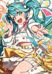  1girl absurdres aqua_eyes aqua_hair aqua_nails bag belt beret blush bow bowtie cropped_jacket flag gradient_hair hair_between_eyes hair_ornament hat hatsune_miku highres holding holding_flag hotechige jacket layered_skirt long_hair long_sleeves magical_mirai_(vocaloid) magical_mirai_miku magical_mirai_miku_(2024) microphone midriff multicolored_hair official_alternate_costume official_alternate_hairstyle open_mouth plaid_clothes plaid_shorts red_bow red_bowtie shirt shorts shorts_under_skirt shoulder_bag skirt smile socks solo twintails very_long_hair white_belt white_hat white_jacket white_shirt white_shorts white_socks yellow_skirt 