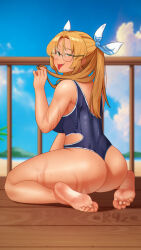  1girl absurdres artist_logo artist_name ass barefoot beach blue_one-piece_swimsuit blurry blurry_background breasts fang feet forked_tongue from_behind full_body green_eyes highres large_breasts logo looking_at_viewer looking_back medium_hair ocean one-piece_swimsuit open_mouth original playing_with_own_hair ponytail r9z railing sitting smile soles solo swimsuit tan toes tongue variant_set wariza watermark wet 
