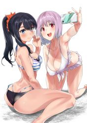 10s 2girls arched_back ass bad_feet bare_shoulders bikini black_bikini black_hair blue_eyes breasts butt_crack cellphone cleavage dimples_of_venus foreshortening gridman_universe hair_between_eyes hanging_breasts highres hotate-chan large_breasts layered_bikini light_smile long_hair looking_at_viewer multiple_girls open_mouth phone purple_hair red_eyes round_teeth selfie shinjou_akane short_hair simple_background sitting smartphone smile ssss.gridman string_bikini striped_bikini striped_clothes swimsuit takarada_rikka teeth thighs v white_background rating:Sensitive score:72 user:danbooru
