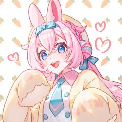  1girl :d animal_ears blue_eyes blue_hair blue_necktie blush bow braid commentary english_commentary hair_between_eyes hair_bow heart highres mokkupii multicolored_hair necktie open_mouth original pink_hair rabbit_ears senmi short_eyebrows sleeves_past_fingers sleeves_past_wrists smile solo streaked_hair twintails 