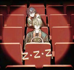  1boy 1girl absurdres ahoge bangboo_(zenless_zone_zero) belle_(zenless_zone_zero) black_shirt blue_hair blue_jacket brother_and_sister crossed_bangs eous_(zenless_zone_zero) fingerless_gloves gloves green_eyes grey_hair hair_ornament highres jacket leaning_on_object letter_hair_ornament looking_at_viewer movie_theater nitaka_(fujikichi) orange_gloves shirt siblings single_fingerless_glove smile spotlight wise_(zenless_zone_zero) zenless_zone_zero zzz 