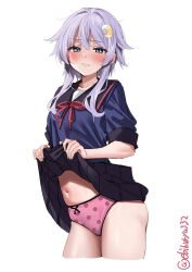  1girl artist_name black_sailor_collar black_skirt blue_shirt blush bow bow_panties breasts closed_mouth clothes_lift collarbone crescent crescent_hair_ornament cropped_legs ebifurya hair_between_eyes hair_intakes hair_ornament highres kantai_collection lifting_own_clothes light_frown looking_at_viewer navel neck_ribbon panties pink_panties polka_dot polka_dot_panties purple_hair ribbon sailor_collar shirt short_hair_with_long_locks side-tie_panties sidelocks simple_background skirt skirt_lift small_breasts solo thighs twitter_username underwear white_background yayoi_(kancolle) 