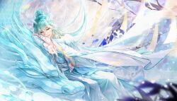  1boy absurdres aqua_hair blue_hanfu blue_robe blurry chinese_clothes chinese_commentary depth_of_field dragon dragon_boy eastern_dragon eastern_dragon_horns feet_out_of_frame fish flying_fish hair_between_eyes hair_flowing_over half_updo hanfu head_on_arm high_ponytail highres hua_yi_shanxin_zhiyue ice ice_dragon iku_19 leaning_on_animal long_bangs long_hair long_sleeves looking_at_viewer male_focus official_alternate_costume parted_lips plant pointing ponytail robe scale_print sideways_glance sitting smile solo talisman the_prince_(hua_yi_shanxin_zhiyue) tree wide_sleeves yaopei yellow_eyes 