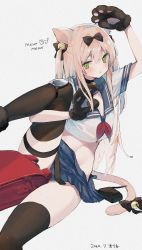  1girl animal_ears animal_hands arm_up backpack bag bell black_choker black_thighhighs blue_skirt bow brown_hair cat_ears cat_girl cat_tail choker crop_top crop_top_overhang english_text female_focus film_grain girls&#039;_frontline gloves green_eyes groin hair_bow highres hugging_own_legs jingle_bell knee_pads leg_up long_hair looking_at_viewer midriff mimelond miniskirt navel neckerchief official_alternate_costume parted_lips paw_gloves pleated_skirt randoseru sailor_collar school_uniform serafuku shirt short_sleeves sitting skirt solo stomach tail tail_bow tail_ornament thigh_strap thighhighs thighs tmp_(girls&#039;_frontline) tmp_(meow_prism_power)_(girls&#039;_frontline) two_side_up white_shirt  rating:Sensitive score:22 user:danbooru