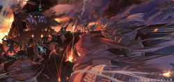  6+boys akatsuhara_empire battle cleaver club_(weapon) epic fire floating giant gigandal_federation hatchet katana male_focus monster multiple_boys nata_(tool) pixiv_fantasia pixiv_fantasia_3 ryota-h shield smoke sword weapon wind  rating:Sensitive score:17 user:danbooru
