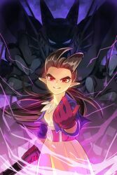  1boy belt bone_necklace brown_hair claws come_at_me_bro commentary_request double_fake dragon_quest dragon_quest_builders_2 dual_persona fins floating_clothes floating_hair gloves grin hair_horns head_fins high-waist_pants holding holding_weapon horns jewelry looking_at_viewer low_ponytail male_focus monster_boy necklace no_pupils open_clothes open_shirt orange_pants pants pointy_ears ponytail purple_shirt red_belt red_eyes red_gloves sharp_teeth shirt sidoh sidoh_(dqb2) skull_belt smile solo spiked_hair teeth tooth_necklace weapon 