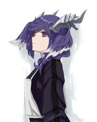  +_+ 1girl black_sweater blue_eyes braid head_wings heterochromia highres horns looking_up lumirumi medium_hair nijisanji nijisanji_en purple_eyes purple_hair selen_tatsuki selen_tatsuki_(1st_costume) shadow solo sweater twin_braids upper_body virtual_youtuber white_background wings 