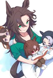  4girls :&gt; aged_down animal_ears artist_name black_hair brown_hair brown_pants closed_mouth collarbone commentary_request green_eyes green_shirt hair_between_eyes horse_ears horse_girl horse_tail indian_style long_hair looking_at_viewer mejiro_ramonu_(umamusume) mukakin multicolored_hair multiple_girls pants purple_eyes shirt shoes short_hair simple_background sirius_symboli_(umamusume) sitting smile speed_symboli_(umamusume) streaked_hair suspenders symboli_rudolf_(umamusume) tail umamusume very_long_hair white_background white_hair white_pants white_shoes 