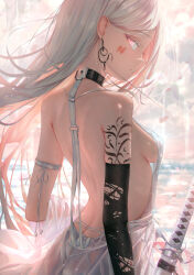  1girl arm_strap arm_tattoo backless_dress backless_outfit black_collar black_gloves breasts collar dress earrings elbow_gloves facial_tattoo from_side gloves highres holding holding_sword holding_weapon jewelry katana kayjae long_hair looking_at_viewer medium_breasts original pink_eyes sideboob single_elbow_glove sword tattoo torn_clothes torn_gloves weapon white_dress white_hair 