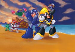  6+boys abs abyssal_ship android arm_blade arm_cannon armor astro_man bass_(mega_man) beach black_armor black_helmet blue_bodysuit blue_eyes blue_helmet bodysuit chest_jewel clenched_hands cloud cold_man cover eyepatch facial_mark fire flying forehead_jewel full_body gloves hat helmet highres jewelry looking_at_another looking_at_viewer mask mechanical_wings mega_man_&amp;_bass mega_man_(character) mega_man_(classic) mega_man_(series) multiple_boys ocean official_style one_eye_covered pincher_hook pirate pirate_hat pirate_man pirate_ship reaching reaching_towards_viewer red_eyes robot robot_ears skull smile sprinqgueen sunset teeth tengu_man two_side_up video_game_cover weapon white_gloves wings wreckage 