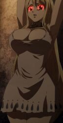  1girl absurdres anime_screenshot armpits blonde_hair blue_eyes breasts chain cleavage collar crying crying_with_eyes_open curvy dress fairy_tail fairy_tail:_dragon_cry glowing glowing_eyes highres large_breasts long_hair lucy_heartfilia red_eyes restrained scared slave solo stitched tears thighs third-party_edit torn_clothes  rating:Questionable score:30 user:BopSomeElks